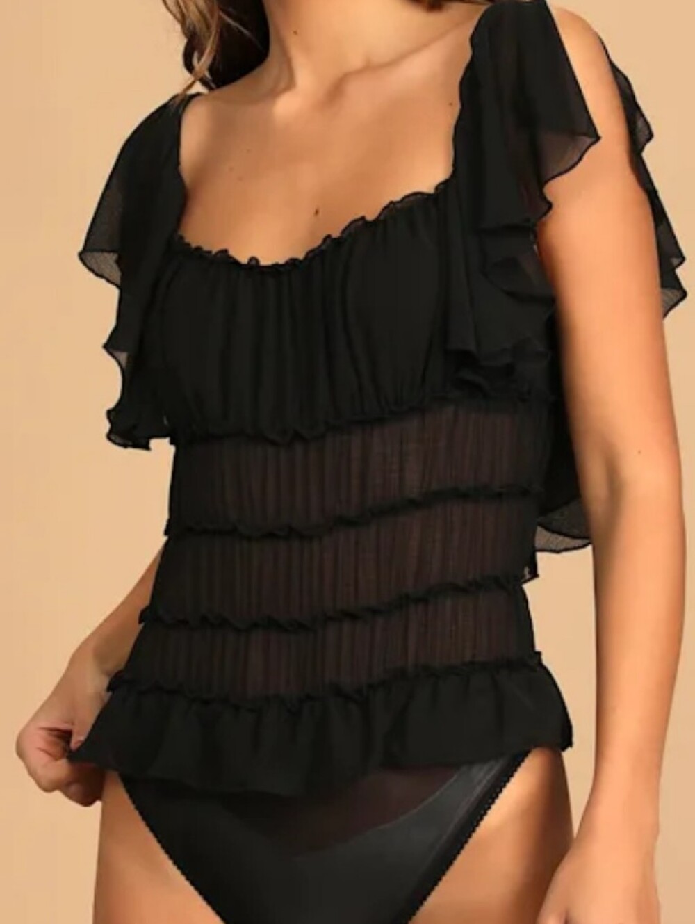 Intimately Free People Women's Juliet Ruffled Bodysuit Black Sheer Fitted sz S